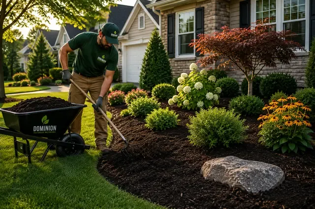 Mulch installation around a clean landscape bed