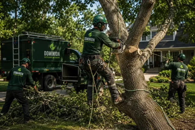 Tree service crew working safely around a property