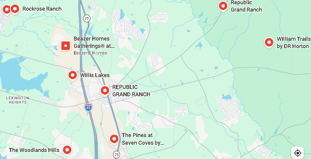 Map showing Willis, Republic Grand Ranch, The Woodlands Hills, and nearby communities